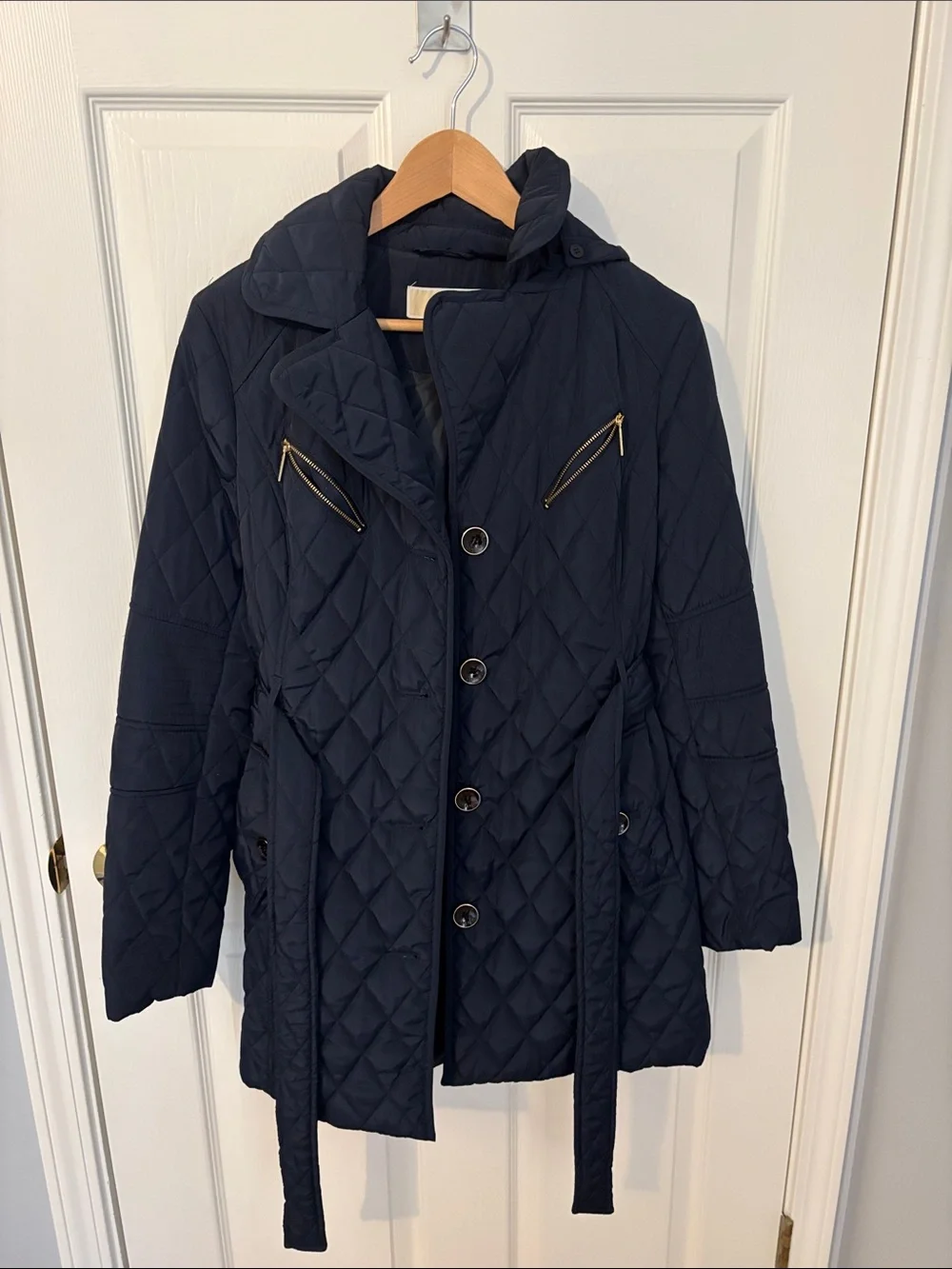 Quilted Belted Puffer Coat in Navy